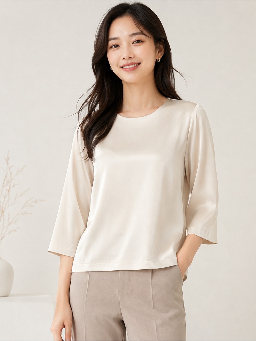 LUVÉE Cream Silk-Feel Satin Short Sleeve Blouse Top Size M